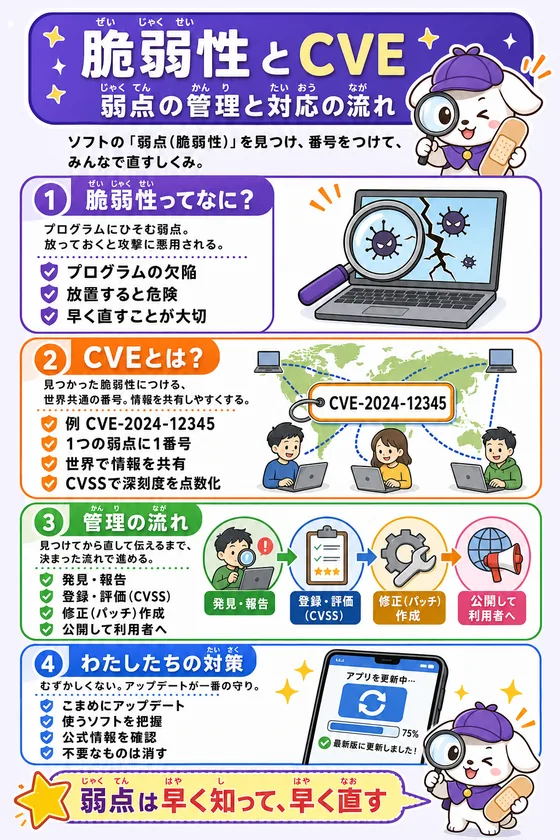 脆弱性とCVEによる管理・対応の流れを説明した学習ポスター