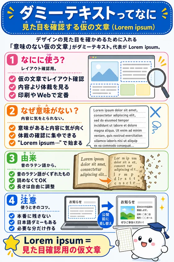 ダミーテキスト(Lorem ipsum)を小中学生向けに説明した学習ポスター