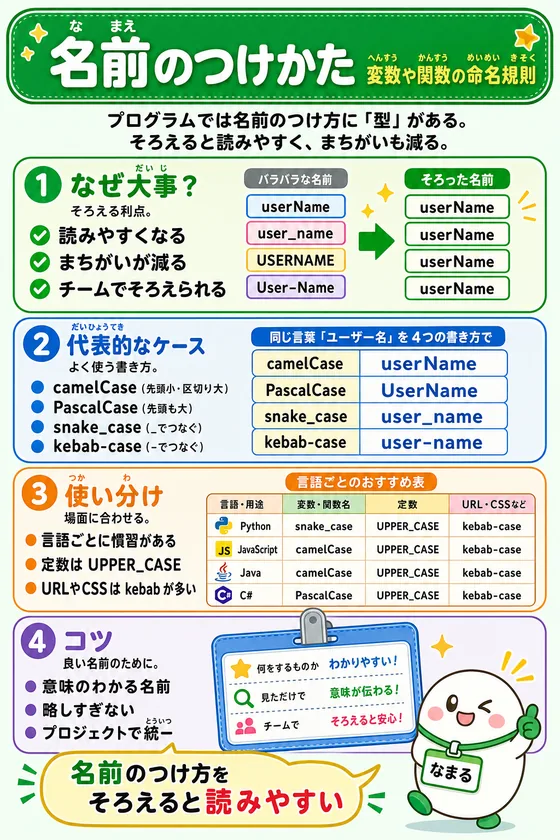 命名規則(ケース)を小中学生向けに説明した学習ポスター