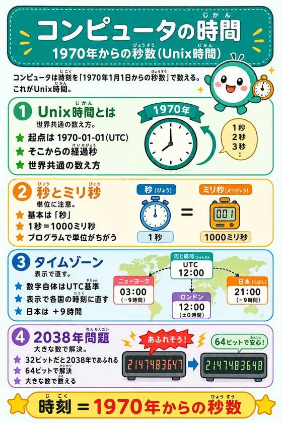 Unix時間のしくみを小中学生向けに説明した学習ポスター