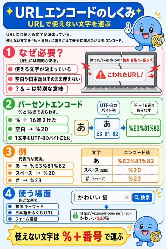 URLエンコードのしくみを小中学生向けに説明した学習ポスター